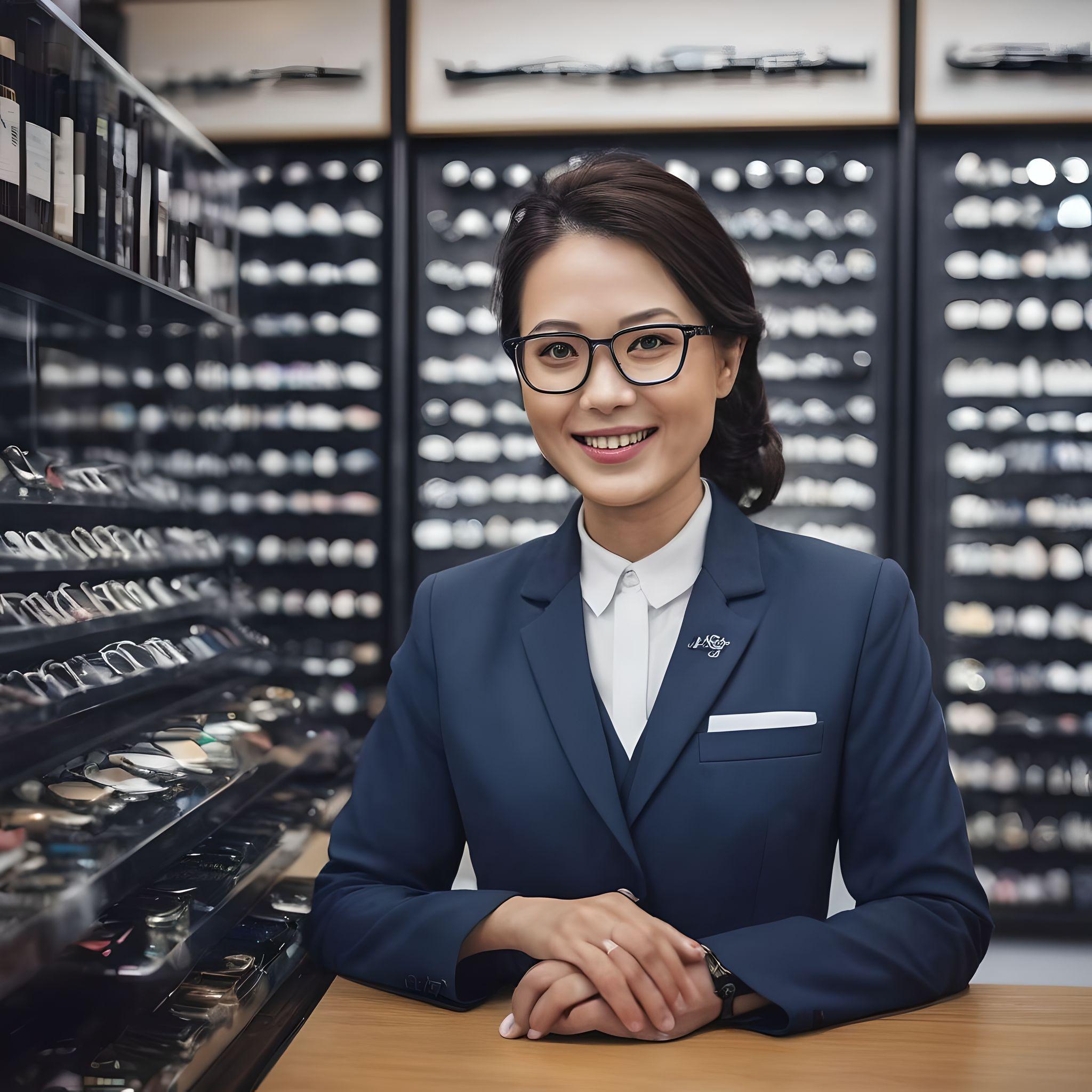 An asian eye specialist in a business suit with a nice smile on her face, waits on a customer thats concerned about eye care